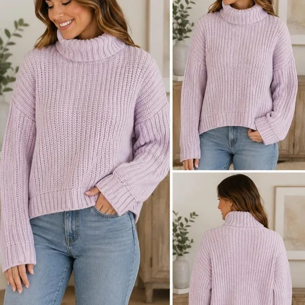 Banana Republic Italian Yarn Chunky Knit Turtleneck Sweater Medium Lavender - Image 2