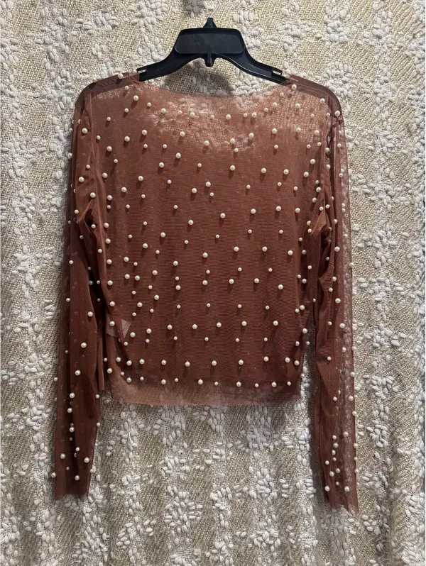 cropped top with pearls and long sleeves; pearl-embellished Sz L - Image 2