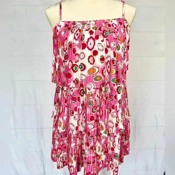 TCEC Pleated Tiered Circle Print Mini Dress Spaghetti Strap Pink Red White M - Image 4