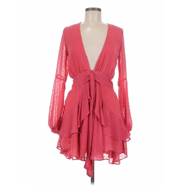 For Love & Lemons Coral Clip Dot Ruffle Mini Dress Deep V-Neck Long Sleeve Small - Image 3
