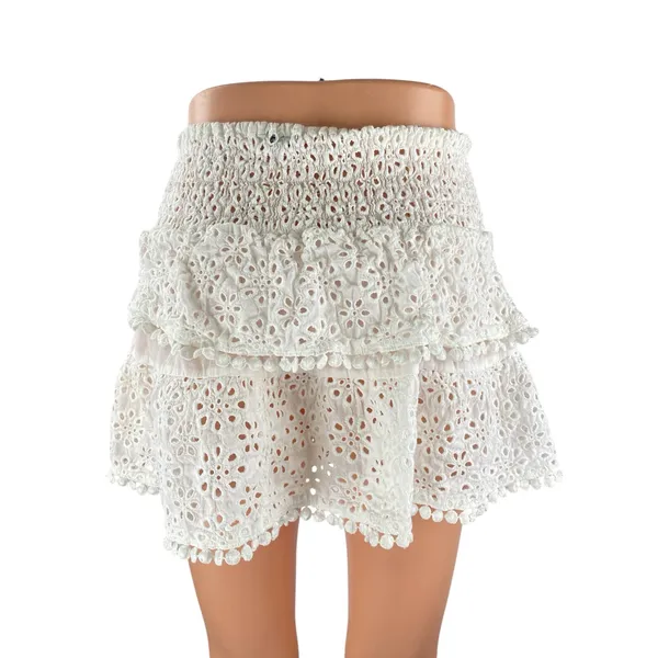 Women's White Floral Eyelet Embroidery Tiered Ruffled Mini Flare A-Line Skirt S - Image 4