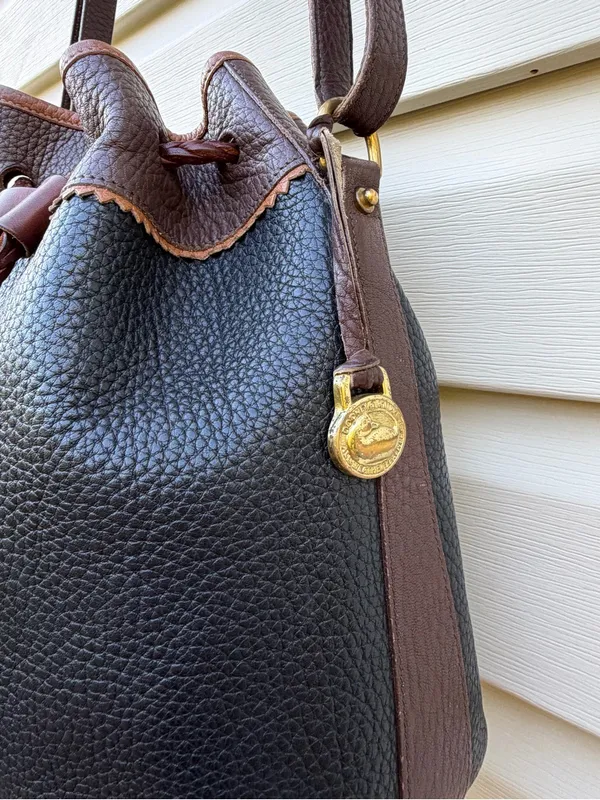 Vintage Dooney & Bourke All Weather Leather Black Brown Drawstring Bucket Bag - Image 6