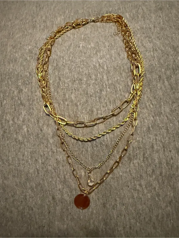 Layered 4- Strand Gold-Tone Multi-Chain Necklace with Amber Pendant - Image 3
