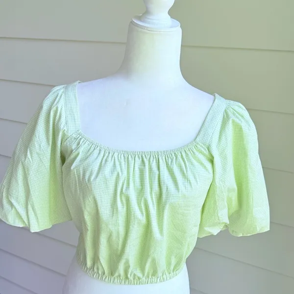 Copper Key Gingham Green Cropped Top with Puff Sleeves Size Small - Image 7