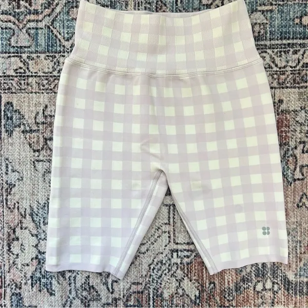 Sweaty Betty Gingham Lavender and White High-Waisted Biker Shorts Medium 8” - Image 7