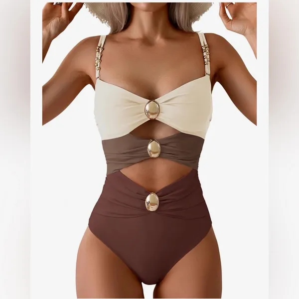 Stylish Cream and Brown Cutout Swimsuit - Image 3