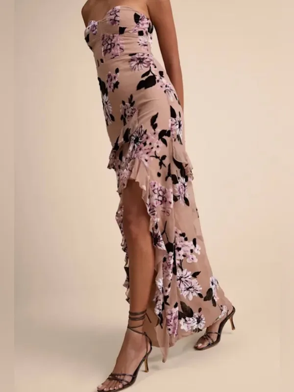 Lulus Chelisa Beige Floral Ruffled Strapless Bustier Maxi Dress - Size S - Image 2