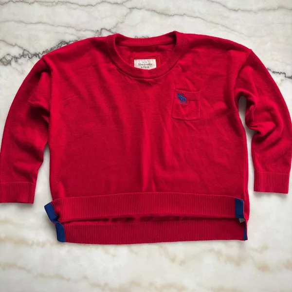 Vintage Abercrombie & Fitch Red Cropped Pocket Sweater Moose Logo Size Medium - Image 2