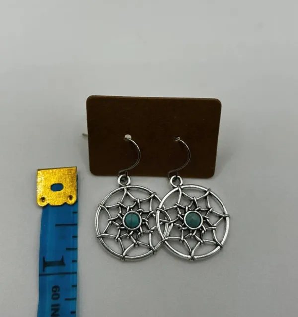 Southwestern Faux Turquoise Dreamcatcher Dangle Earrings Silver Tone - Image 3