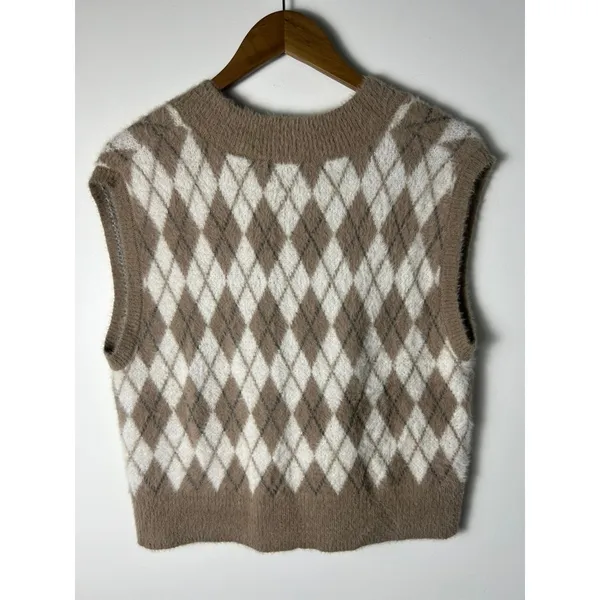 William Rast Wm Med Argyle Fuzzy Knit Sweater Vest Brown Tan V-Neck - Image 3