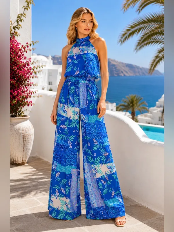 Flying Tomato Blue Halter Jumpsuit with Tropical Print Size NEW - Image 2