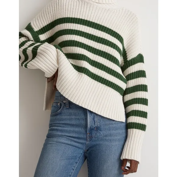 Madewell Wide Rib Turtleneck Sweater Varsity‎ Green Stripe XL Fall Winter Warm - Image 4