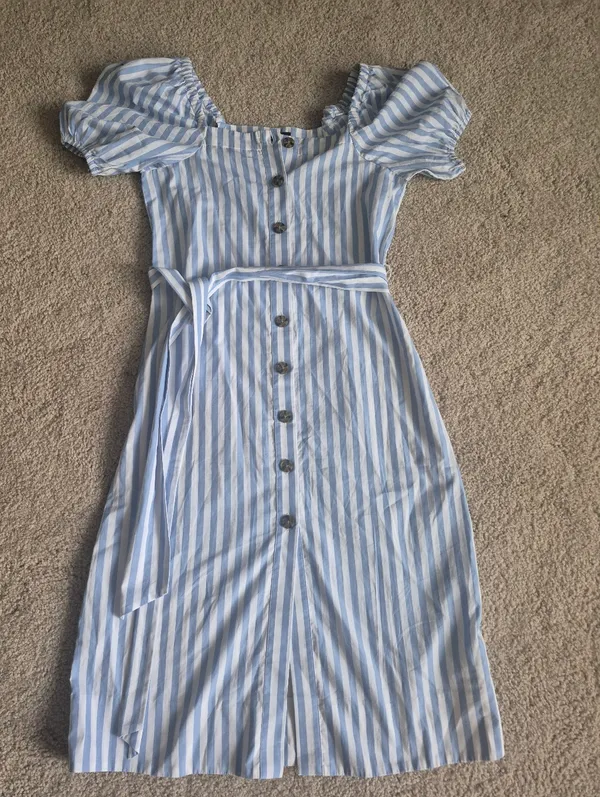 J. Crew Light Blue & White Striped Puff-Sleeve preppy summer Midi Dress XXS - Image 3