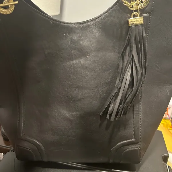 Black Faux Leather Tote Bag with Gold Accents - Image 5