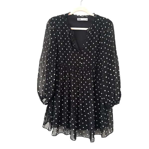 ZARA Polka‎ Dot Pleated Mini Dress Black White Medium - Image 2