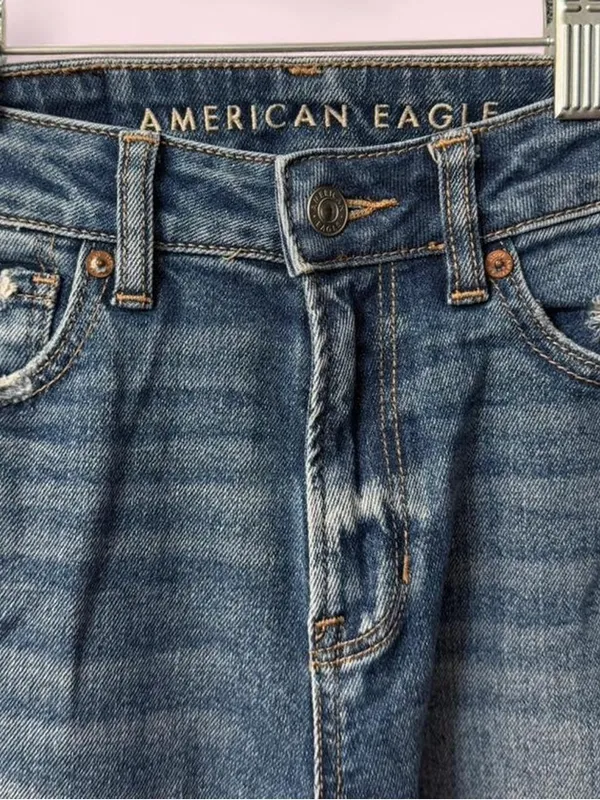 American Eagle Mom Straight Jeans Distressed 000 Regular Cool Torn Blue - Image 4