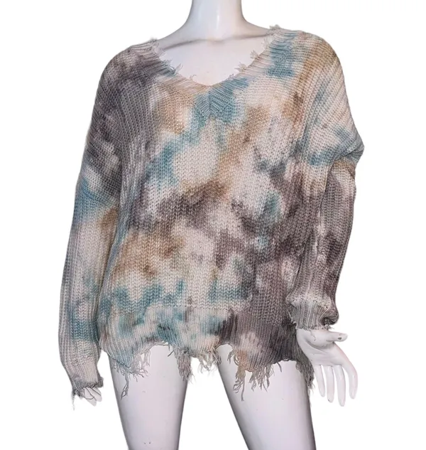Main Strip Tie Dye Distressed V Neck Sweater - Image 5