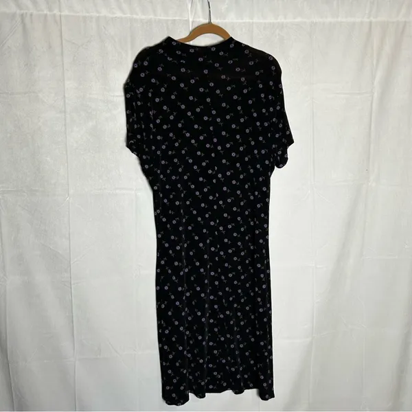 Vintage‎ Tall Girl Semi Sheer Black w/ Purple Daisy Flowers High Neck Midi Dress - Image 2