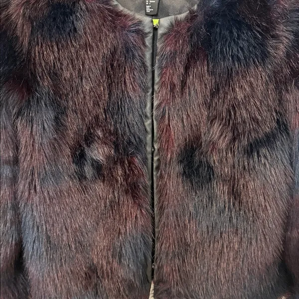 H&M Faux Fur Burgundy + Navy Toned Faux Leather Trim Coat - Image 5