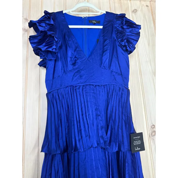 Lulus Stunning Desire Cobalt Blue Satin Pleated Tiered Midi Dress Wedding Medium - Image 4