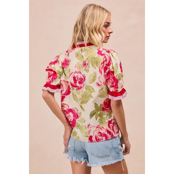 BiBi Floral Printed Woven Contrast Edge Ruffled Blouse‎ - Image 7