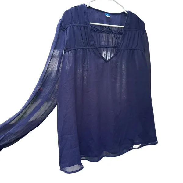 Navy Sheer Chiffon Peasant Blouse Tie‎ Front Long Sleeve Boho Y2K Romantic - Image 4