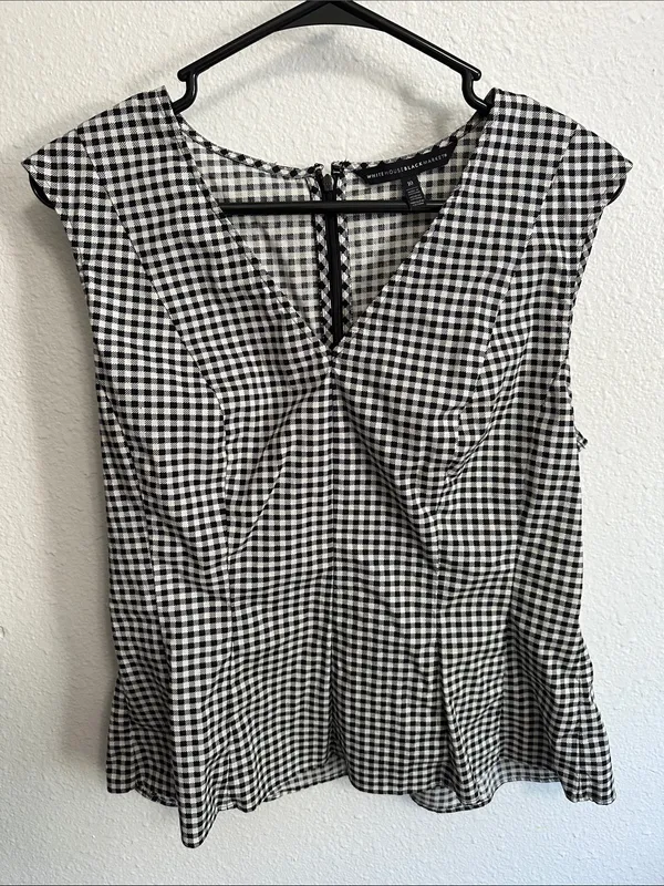 White House Black Market Black & White Gingham V-Neck Sleeveless Blouse Size 10 - Image 3