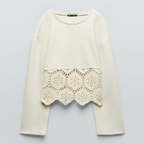 ZARA Beige Ecru Crocheted‎ Long Sleeve Sweater Sweatshirt Top Shirt Size Small - Image 2