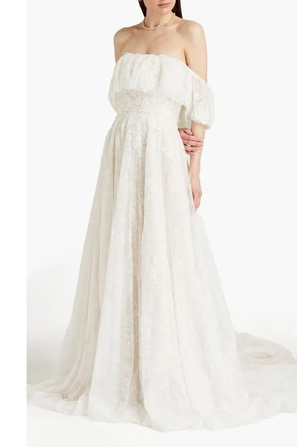 Theia Imelda off-the-shoulder embellished Chantilly Ivory lace bridal gown sz O - Image 3