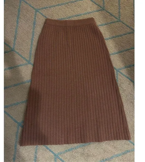 NEW Brown Ribbed Sweater Pencil Knit High Waist Winter Midi Skirts M - Image 3