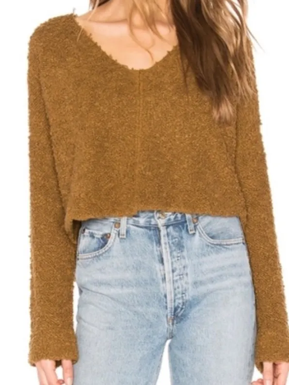 Free People Popcorn Pullover V-Neck Sweater in a moss Brown - Image 2