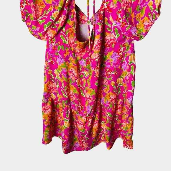 RESA Amber Floral Mini Dress‎ Size S Pink Puff Sleeve Open Back Tie - Image 9