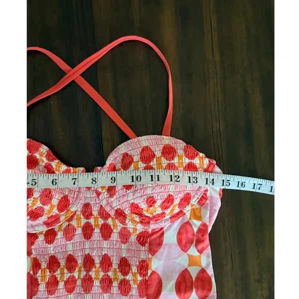 Maeve by Anthropologie Smocked Geometric One Piece Swimsuit Coral‎ Pink Large - Image 5