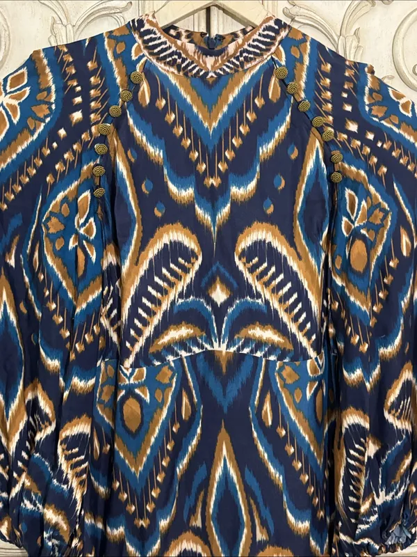 Farm Rio Pineapple Ikat Dress Anthropologie Long-Sleeve Raglan Button Size M - Image 4