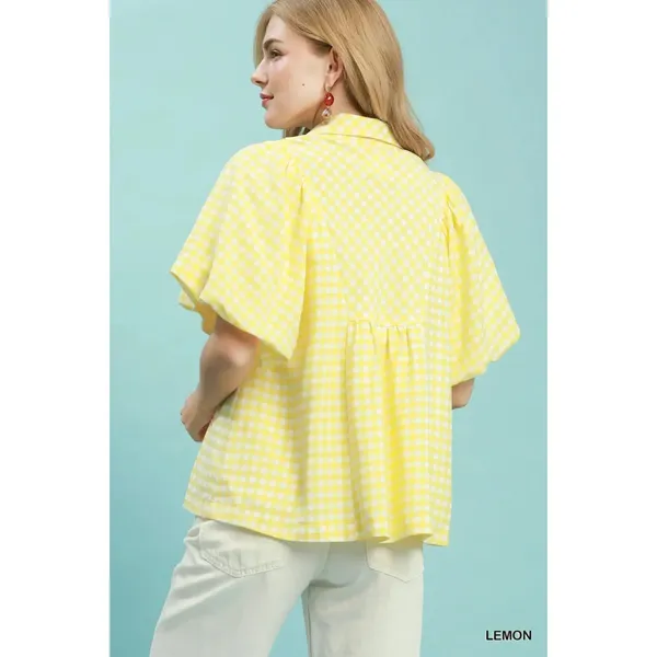 Umgee Smocked Yoke Puff Sleeve Gingham Blouse - Large - Lemon - Image 3