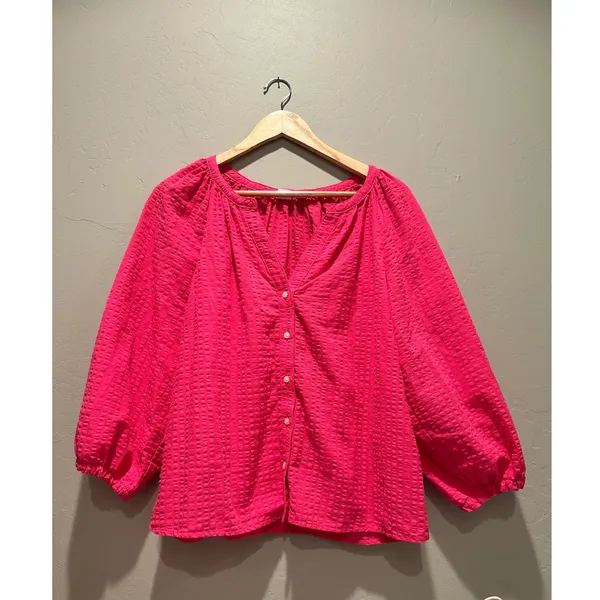 Gap‎ Pink Splitneck Button Front Blouse Puff Sleeve V-Neck Peasant Top Medium - Image 2