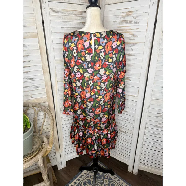 COMPANIA FANTASTICA Women's XL Satin Multicolor Floral Shift Dress Ruffle Hem - Image 15