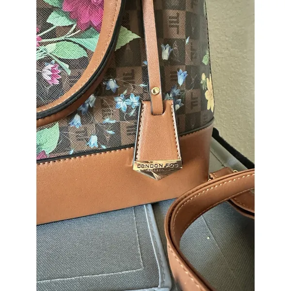 London Fog Floral Monogram Dome Satchel Handbag Brown Multi Crossbody Bag - Image 2