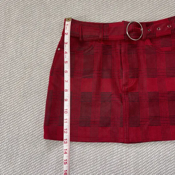 Fashion On Earth Women’s Faux Leather Red Black Plaid Belted Mini Skirt Sz Xs Sexy Party - Image 5
