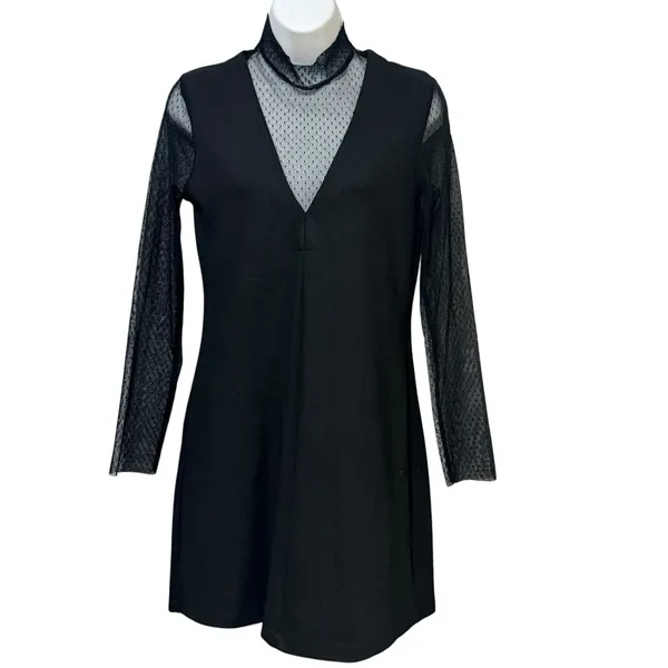 Zara W&B Collection Black Mesh Mock Neck V-Neck Mini Dress Small S - Image 2