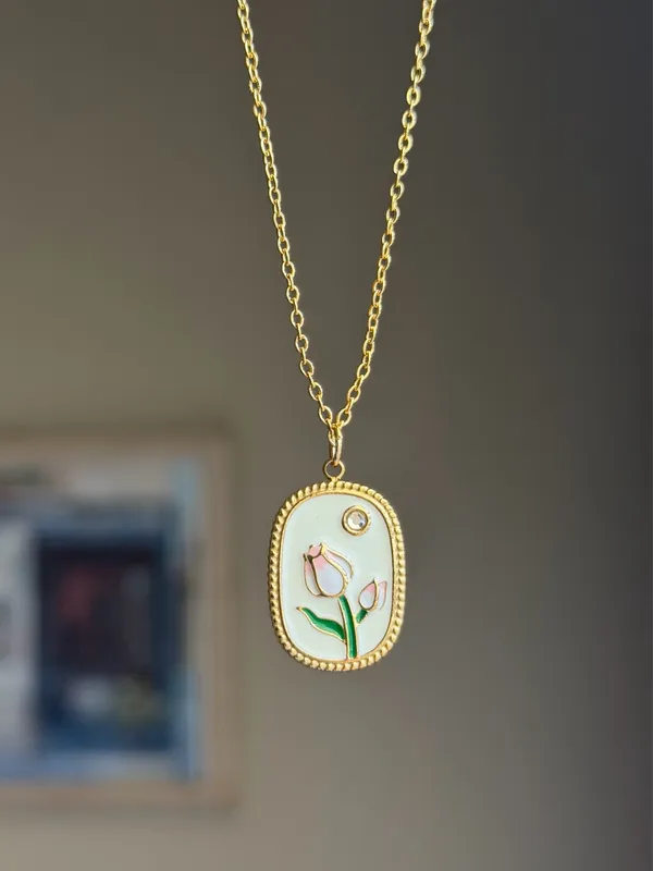 Handmade gold tone stainless steel cute chic tulip necklace🌷🩷 - Image 2