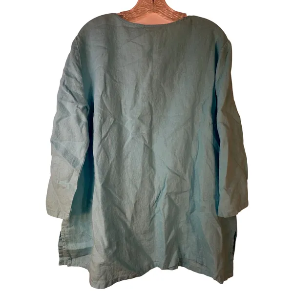 JM Collection Blue 100% Linen Beaded Embroidery Tunic Top XL 3/4 Sleeve Boho - Image 2