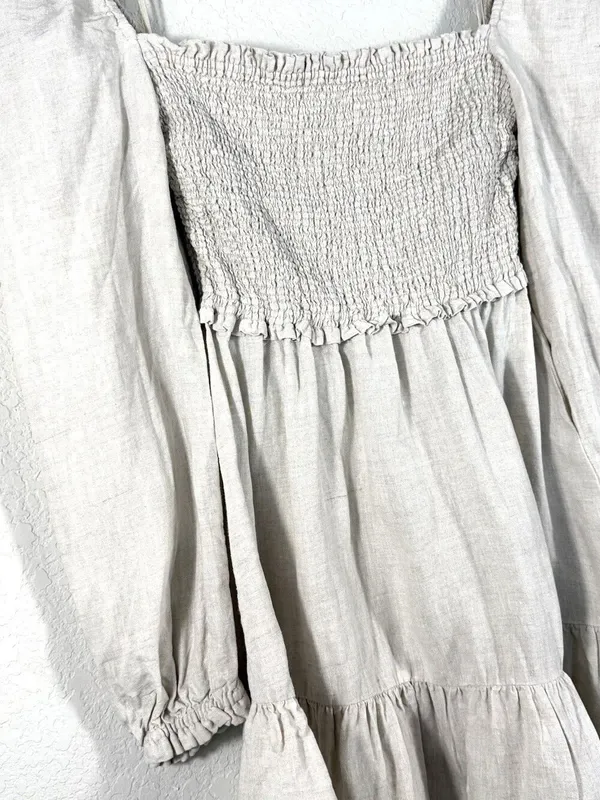 Aritzia Wilfred Tempest Natural Oatmeal Organic Linen Smocked Mini Dress S Boho - Image 5