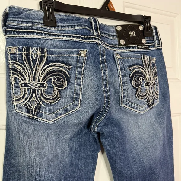Miss Me Denim Jeans Distressed Boot Fleur De Lis JP5182B Embroidered Back Pocket - Image 3