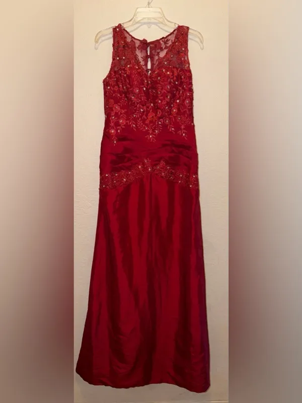 Formal Lace Dress in Red with semi sheer floral embroidery evening cocktail - Image 2