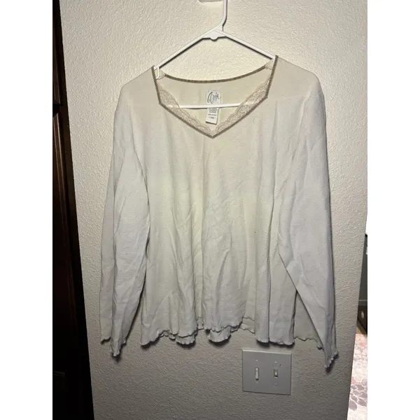 Aria Womens Cream Waffle Knit Thermal Top Lace Trim V-Neck Long Sleeve Large - Image 2