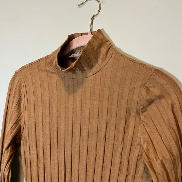 Reformation Brown Ribbed Mock Neck Long Sleeve Mini Dress Slit Size M USA - Image 2