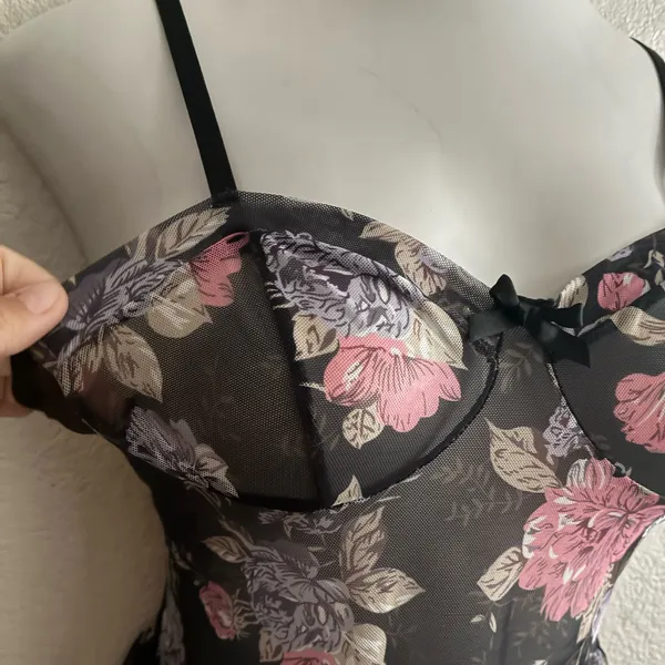 Sheer Floral Chemise Nightgown - Pink Floral on Black XL - Image 6