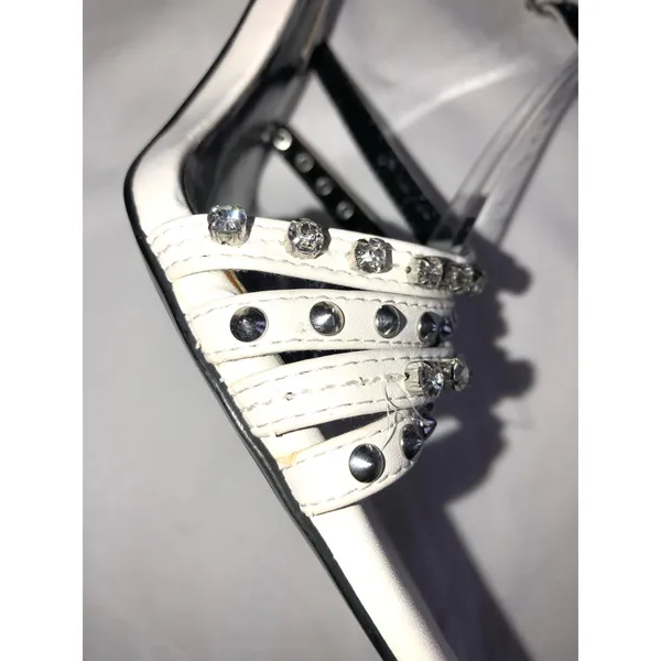 Zara Studded High Heel Sandals Size 38 White Silver Crystals Square Toe 7.5 US - Image 6
