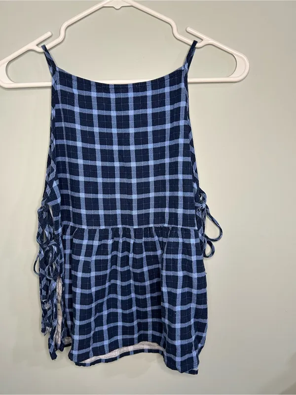 Velvet Moon blue and black gingham peplum halter top high square neck medium - Image 8